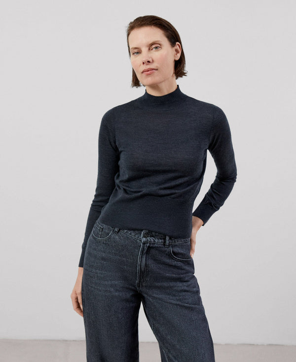 Women Jersey | Dark Grey Merino Wool High Collar Sweater by Spanish designer Adolfo Dominguez