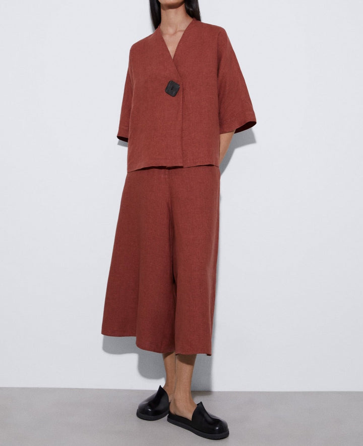 Women Trousers | Dark Red Cropped Trousers In European Linen by Spanish designer Adolfo Dominguez