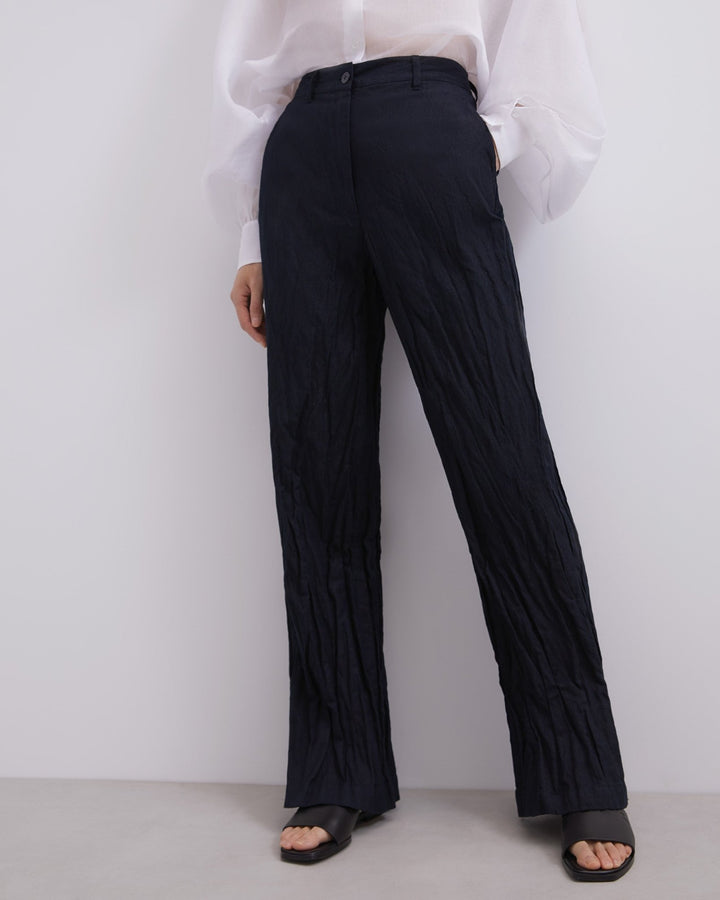 Women Trousers | Denim Blue Metal Fibre Straight Trousers by Spanish designer Adolfo Dominguez
