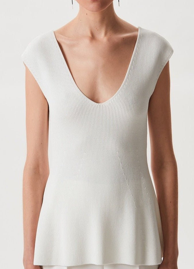 Women Jersey | Ecru Knit Peplum Top With Open Back by Spanish designer Adolfo Dominguez
