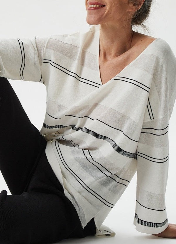 Women Jersey | Ecru/Black Viscose Knit Sweater With Stripes by Spanish designer Adolfo Dominguez