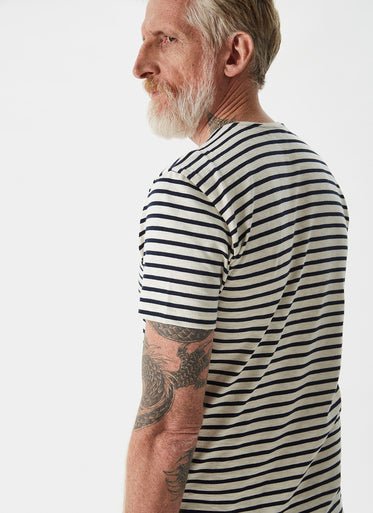 Men Long-Sleeve T-Shirt | Ecru/Navy Short-Sleeve T-Shirt With Stripes by Spanish designer Adolfo Dominguez