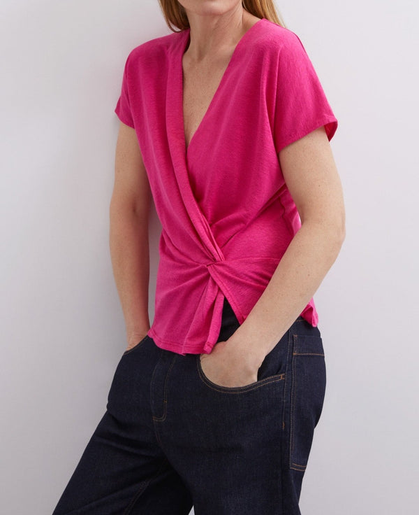 Women T-Shirt (Short Sleeve) | Fuchsia Pink Elastic Linen T-Shirt by Spanish designer Adolfo Dominguez