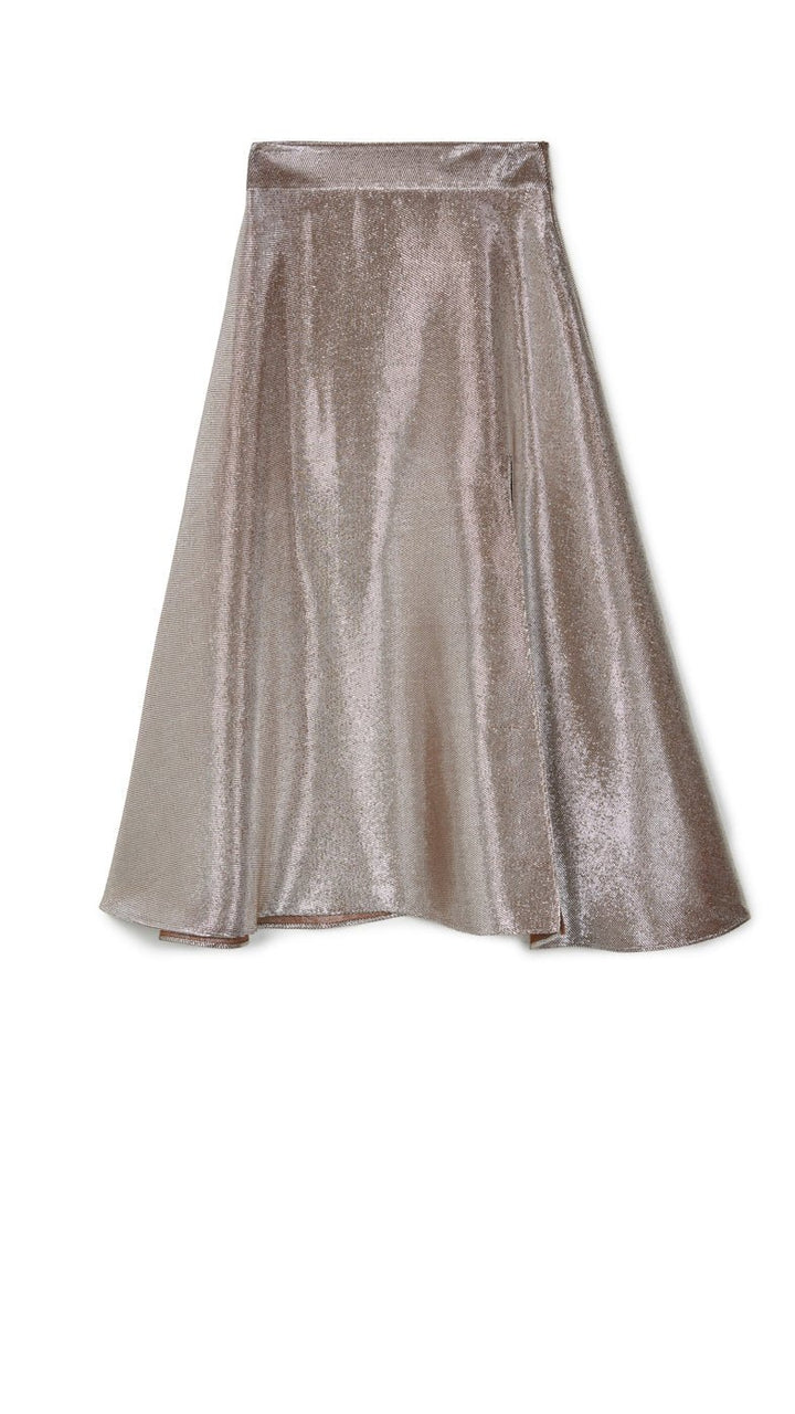 Women Skirt | Gold Pink Midi Lurex Skirt With Maxi-Slit by Spanish designer Adolfo Dominguez