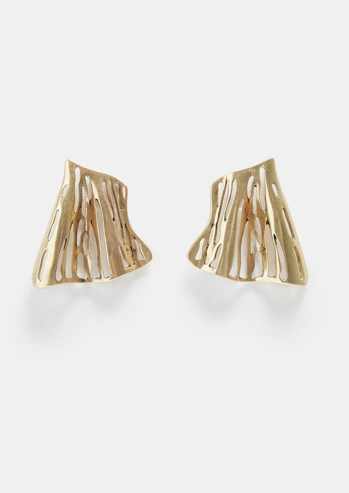 Women Earrings | Gold Short Earrings In Pleated Metal by Spanish designer Adolfo Dominguez