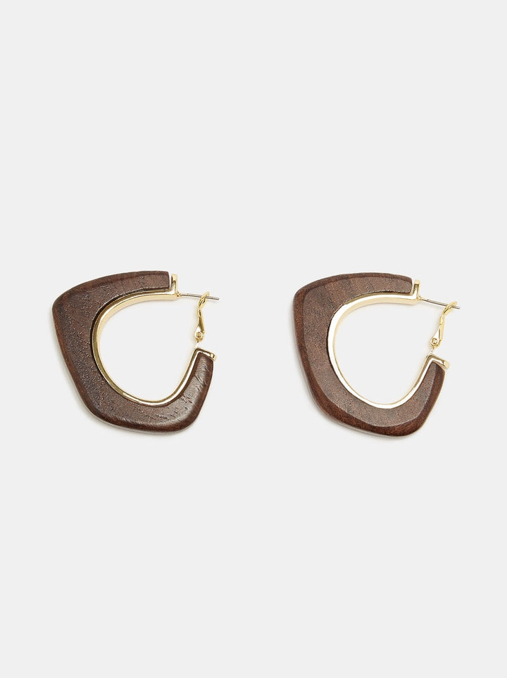 Women Earrings | Gold/Chocolate Hoop Earrings With Irregular Wood Piece by Spanish designer Adolfo Dominguez