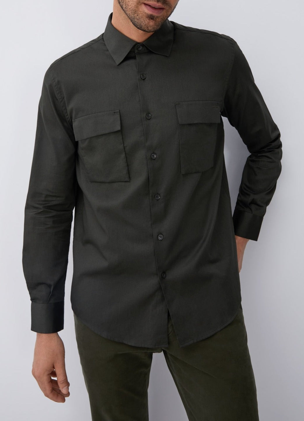 Men Shirt | Green Cotton Shirt With Chest Pockets by Spanish designer Adolfo Dominguez