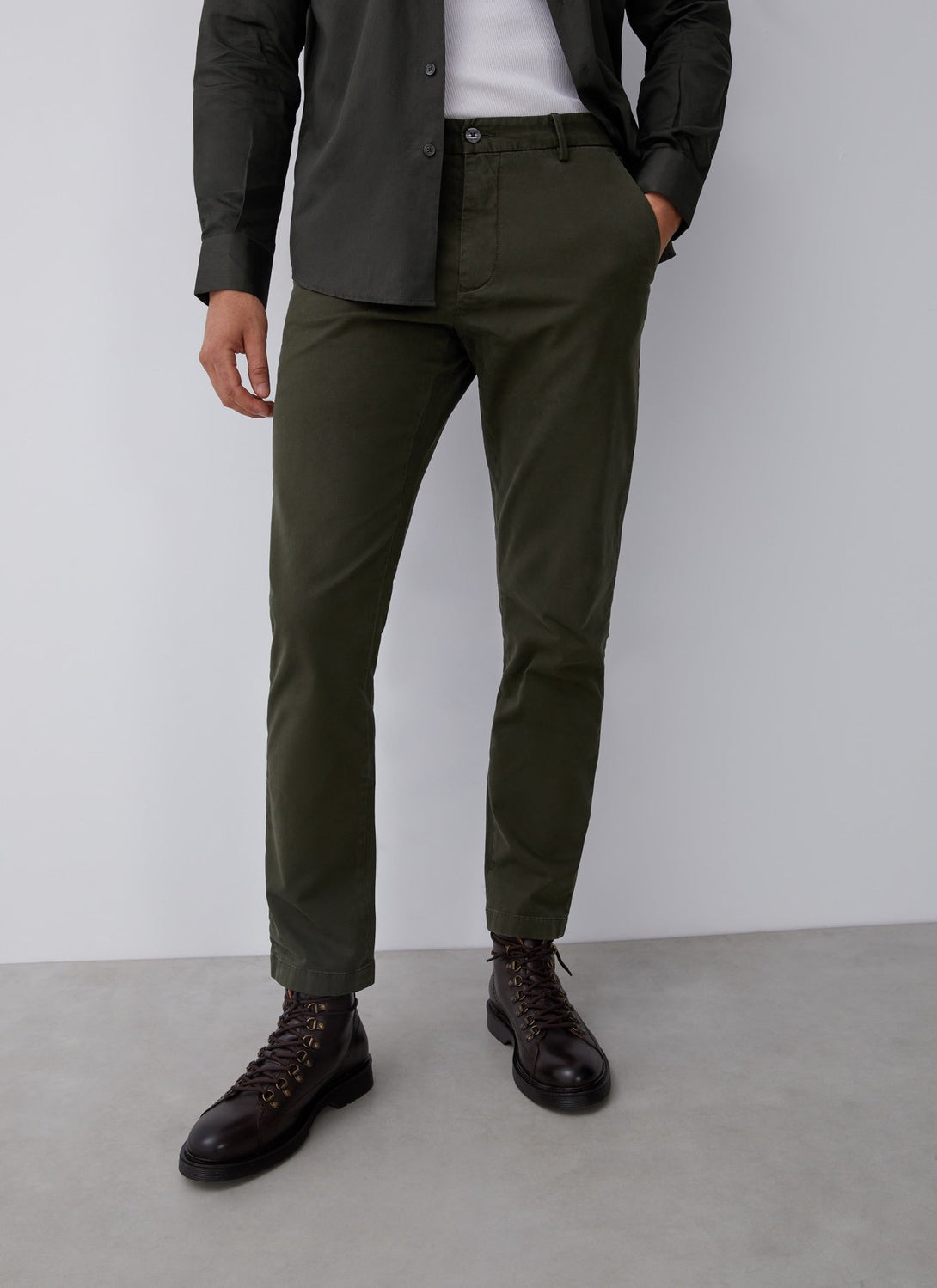 Men Trousers | Green Elastic Cotton Chino Trousers by Spanish designer Adolfo Dominguez