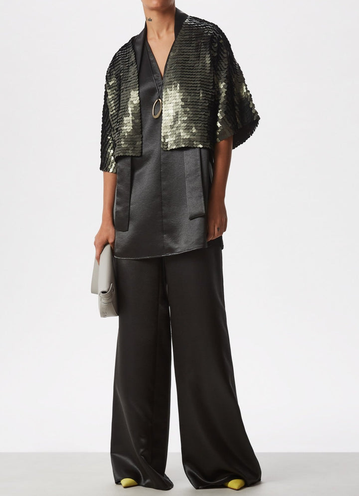 Women Top | Green Glossy Top With Matching Scarf by Spanish designer Adolfo Dominguez