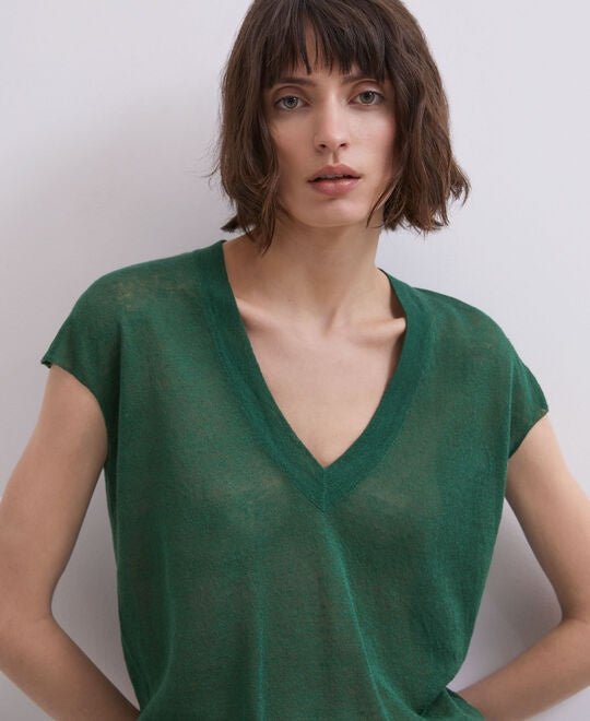 Women Jersey | Green Green V-Neck Linen Top by Spanish designer Adolfo Dominguez