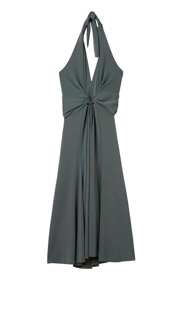 Women Cocktail Dress | Green Halter Neck Dress With Waist Knot by Spanish designer Adolfo Dominguez