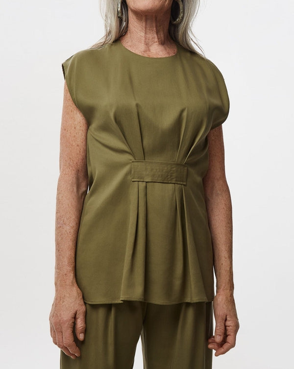 Women Top | Green Lyocell Blouse With Front Gathering by Spanish designer Adolfo Dominguez
