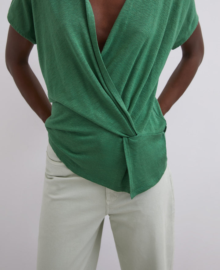 Women T-Shirt (Short Sleeve) | Green Stretch Linen T-Shirt by Spanish designer Adolfo Dominguez