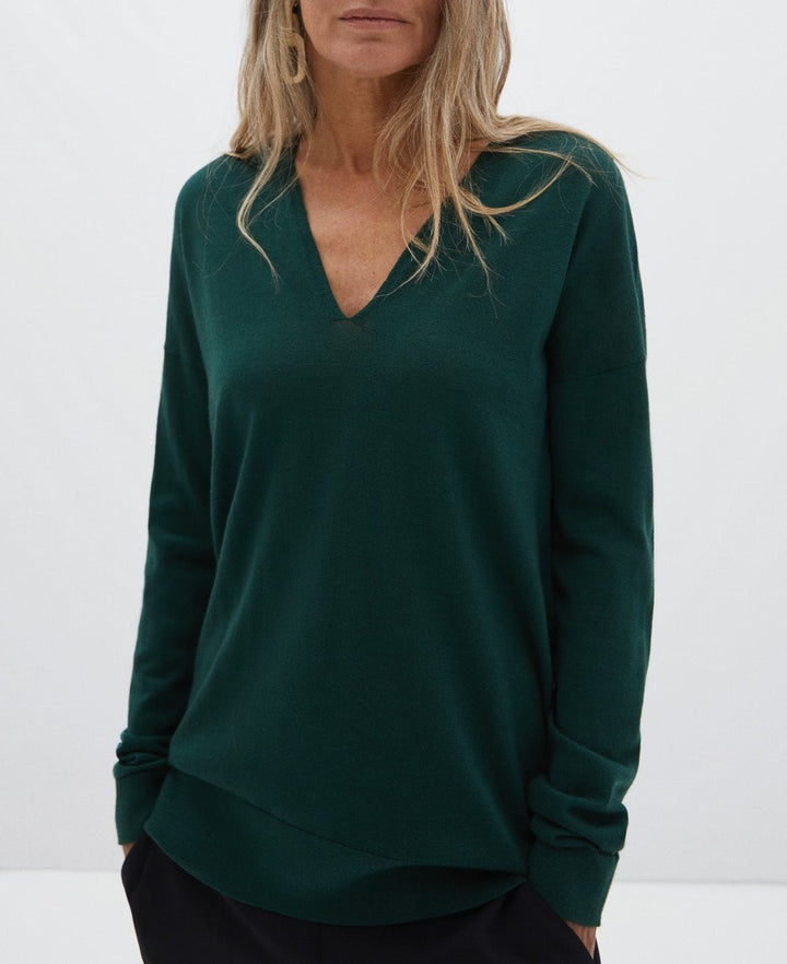 Women Jersey | Green V-Neck Sweater In Merino Wool by Spanish designer Adolfo Dominguez