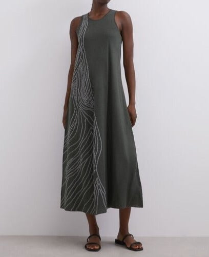 Women Dress | Green/Ecru Two-Tone Jacquard Linen Dress by Spanish designer Adolfo Dominguez