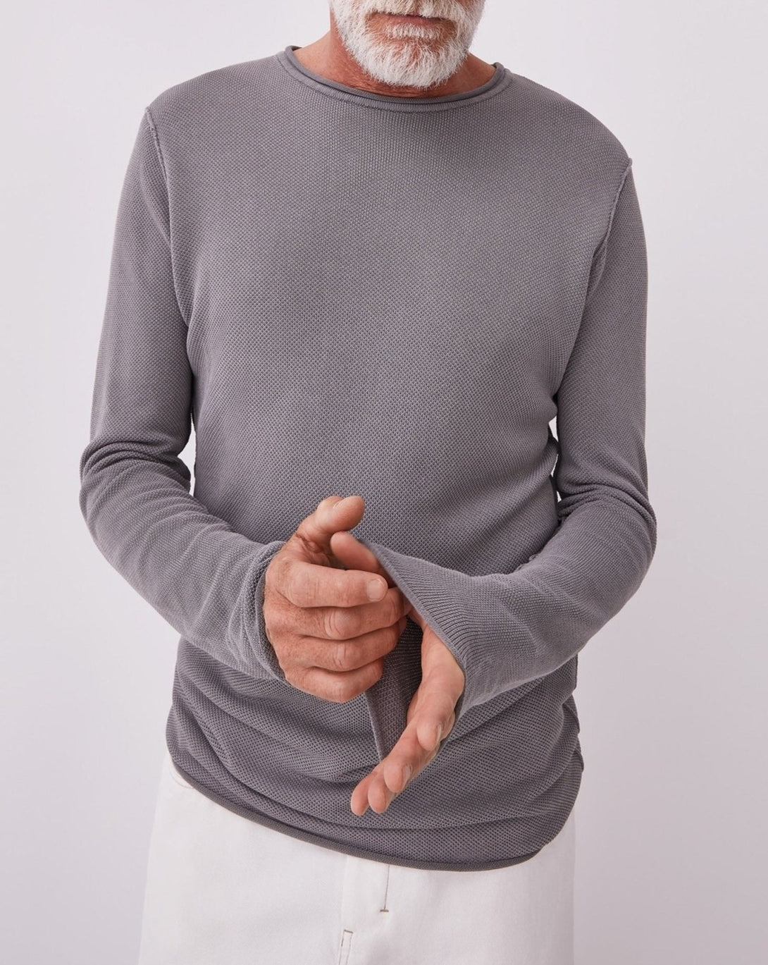 Men Long-Sleeve T-Shirt | Grey Cotton Pique Washed T-Shirt by Spanish designer Adolfo Dominguez
