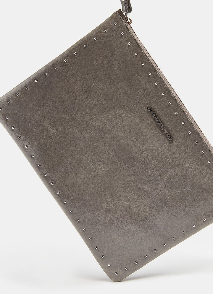 Women Wallet | Grey Crackled Leather Clutch With Metal Studs by Spanish designer Adolfo Dominguez