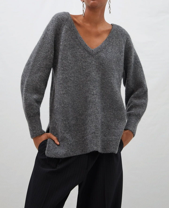 Women Jersey | Grey Double Neckline Wool And Alpaca Sweater by Spanish designer Adolfo Dominguez
