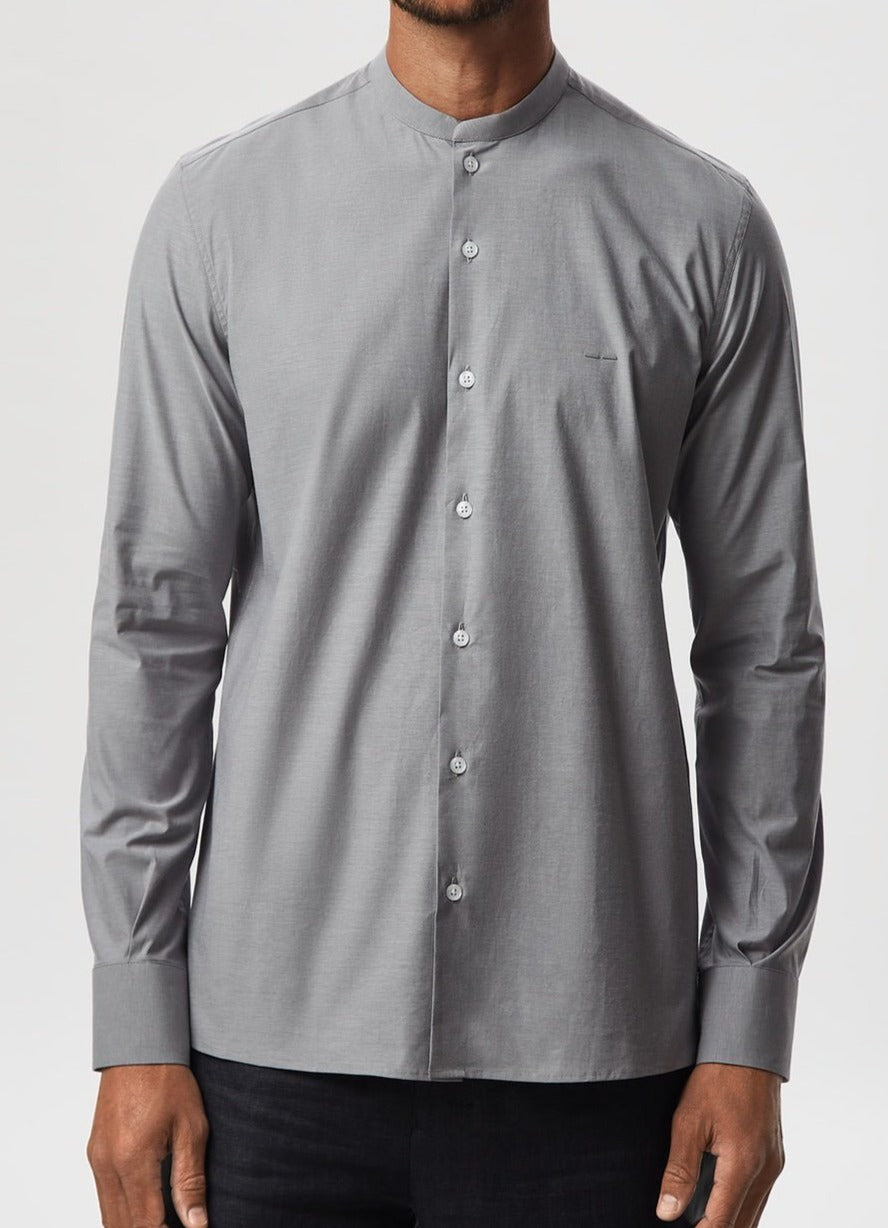 Men Shirt | Grey Elastic Cotton Mandarin Collar Shirt by Spanish designer Adolfo Dominguez