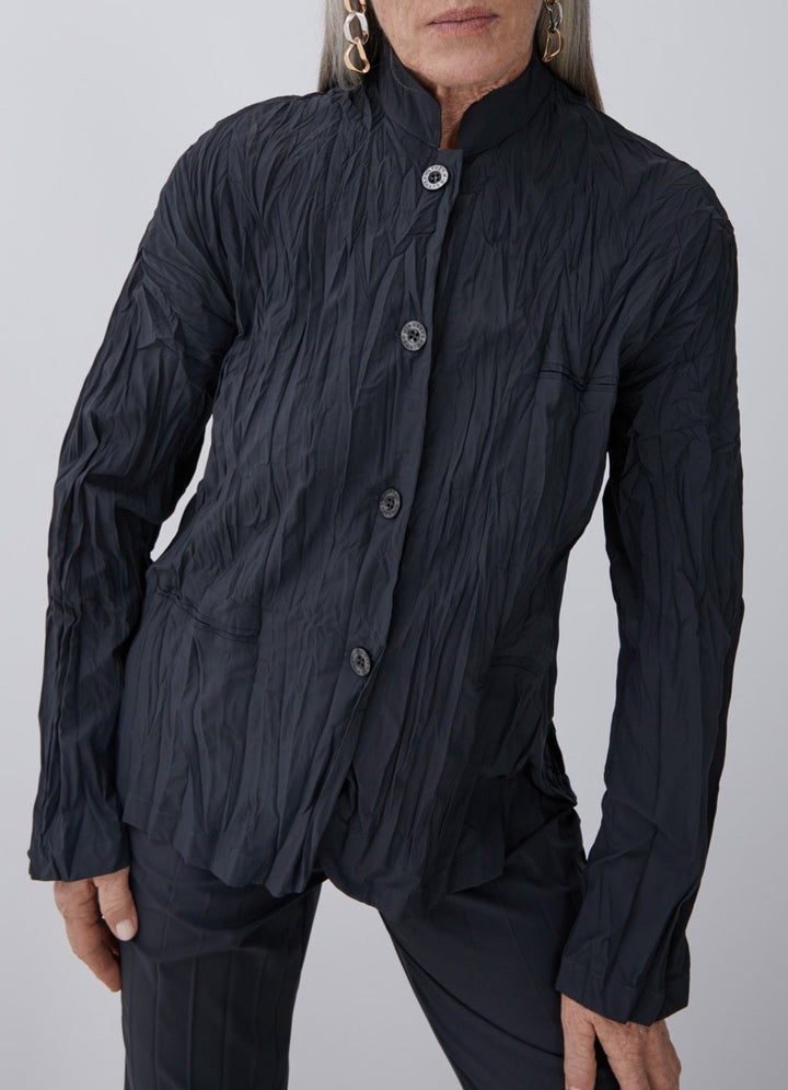 Women Unstructured Jacket | Grey Pleated Overshirt by Spanish designer Adolfo Dominguez