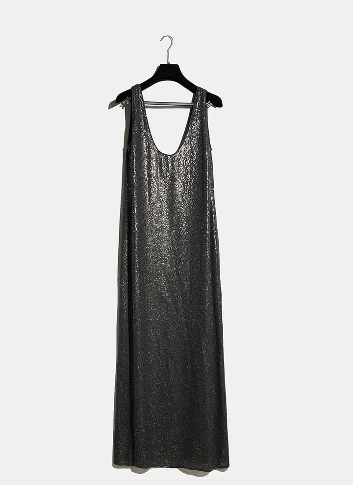 Women Cocktail Dress | Grey Sequin Embellished Long Dress by Spanish designer Adolfo Dominguez