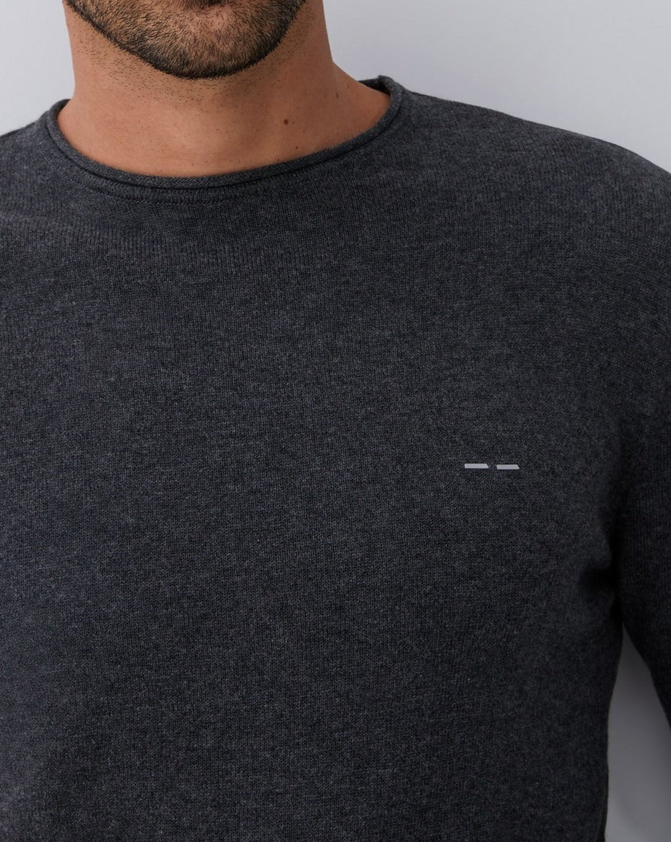 Men Jersey | Grey Sweater With Roll Edge Crew Collar by Spanish designer Adolfo Dominguez