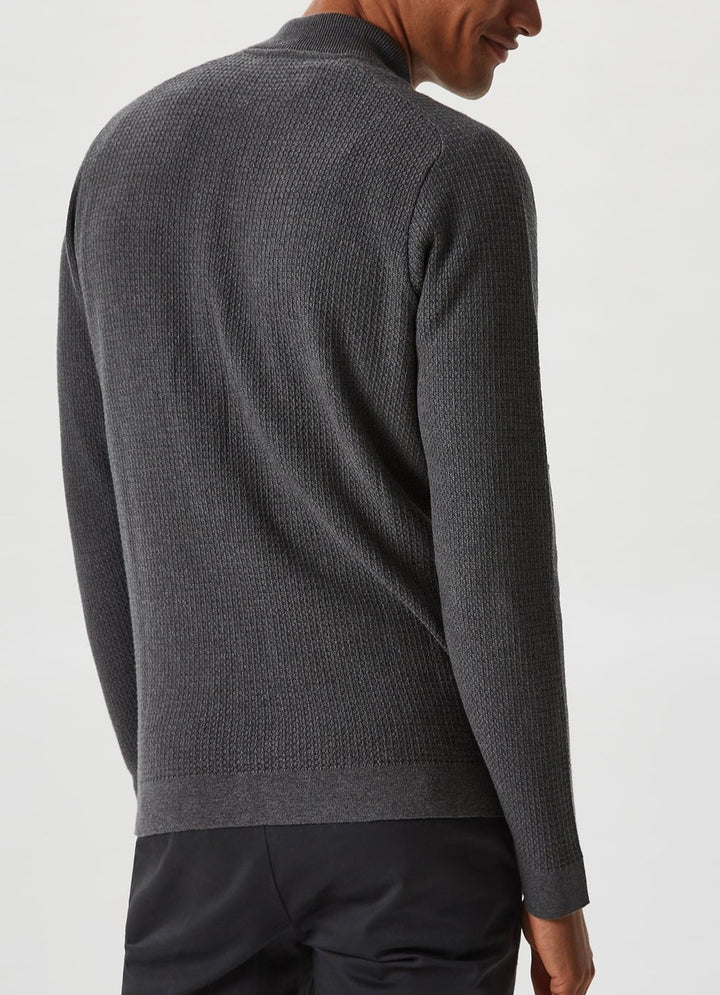 Men Knit Jacket | Grey Textured Cardigan With Varsity Collar by Spanish designer Adolfo Dominguez