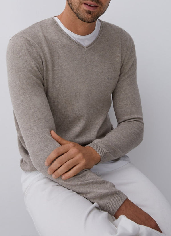 Men Jersey | Grey V-Neckline Sweater With Roll Edge Collar by Spanish designer Adolfo Dominguez