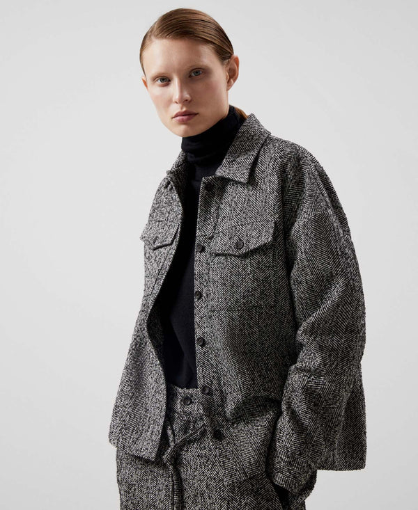 Women Jacket | Grey/Black Shirt Collar Jacket by Spanish designer Adolfo Dominguez