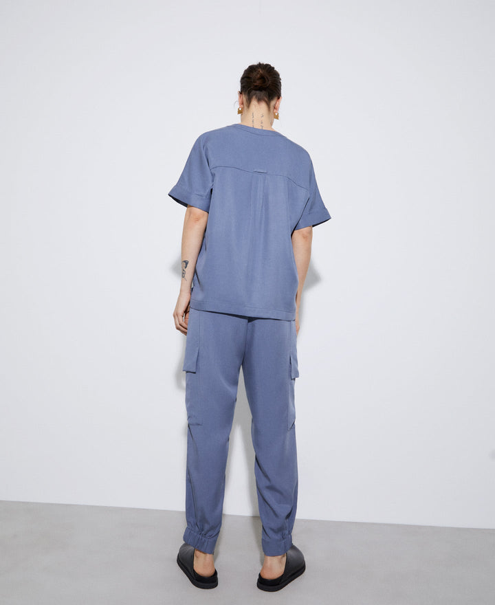 Women Shirt | Grey/Blue Short Sleeve Japanese Blouse In Lyocell by Spanish designer Adolfo Dominguez