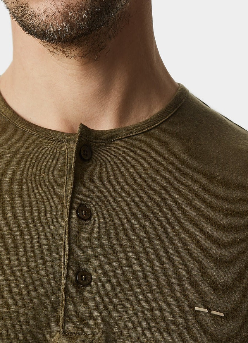 Men T-Shirt (Short Sleeve) | Ike Green Button Neck Linen T-Shirt by Spanish designer Adolfo Dominguez