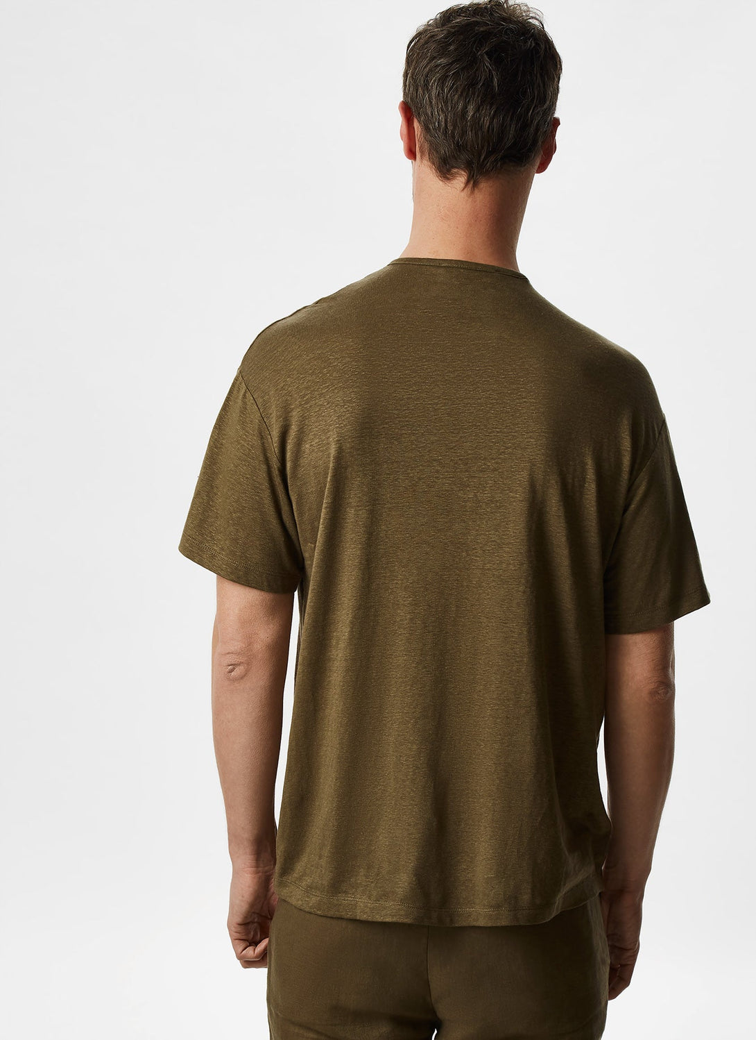 Men T-Shirt (Short Sleeve) | Ike Green Button Neck Linen T-Shirt by Spanish designer Adolfo Dominguez