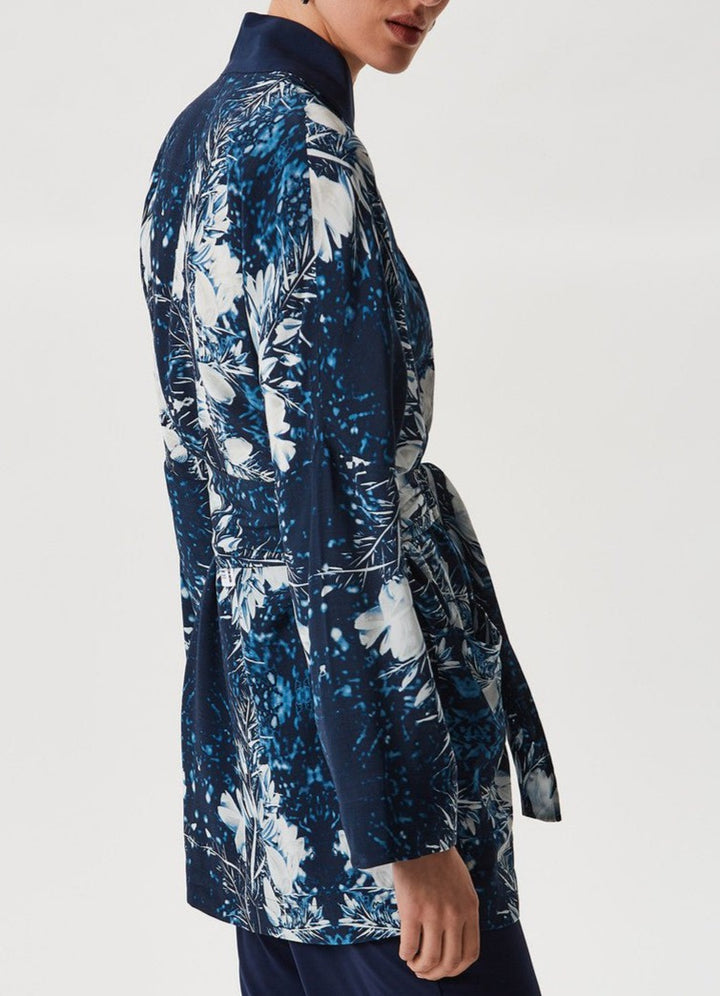 Women Structured Jacket | Indigo Blue/White Kimono Jacket With Mondariz Print by Spanish designer Adolfo Dominguez