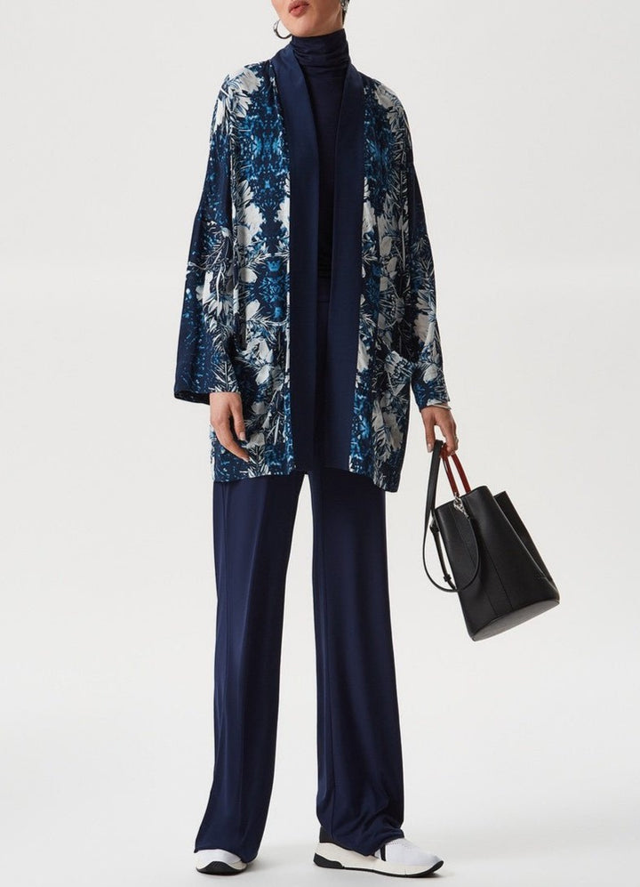 Women Structured Jacket | Indigo Blue/White Kimono Jacket With Mondariz Print by Spanish designer Adolfo Dominguez