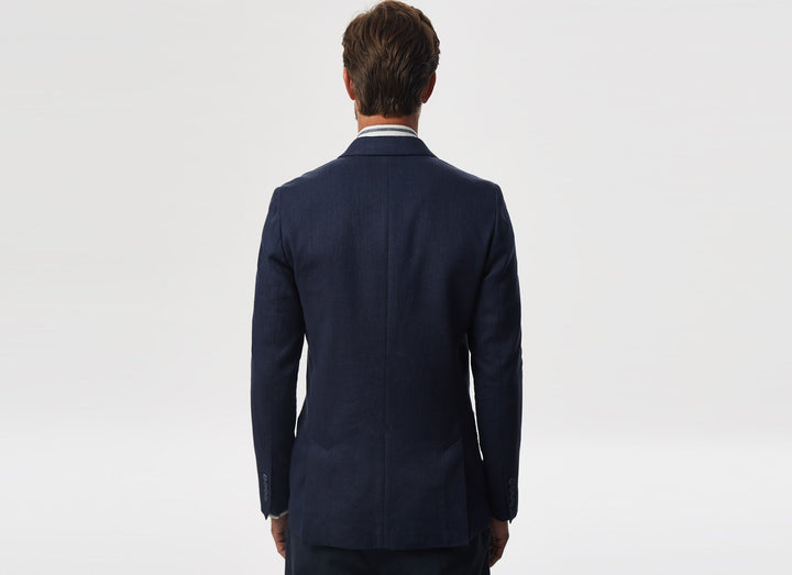 Men Unstructured Jacket | Ink Blue Washed Linen Blazer by Spanish designer Adolfo Dominguez