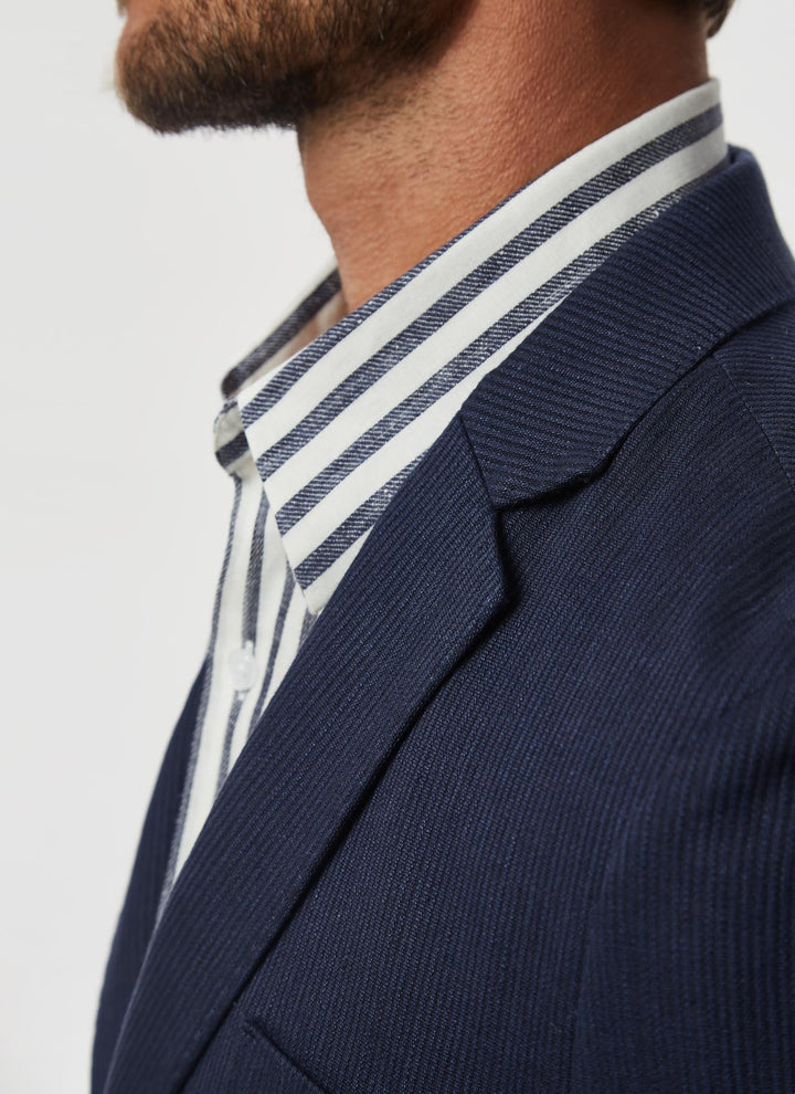 Men Unstructured Jacket | Ink Blue Washed Linen Blazer by Spanish designer Adolfo Dominguez