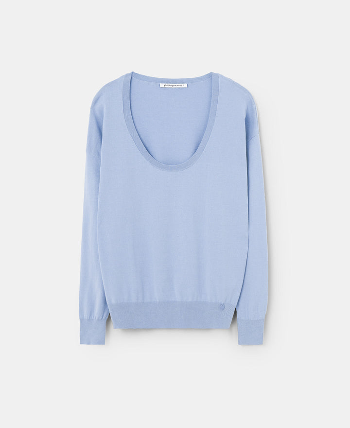 Women Jersey | Light Blue Oval Neckline Sweater by Spanish designer Adolfo Dominguez