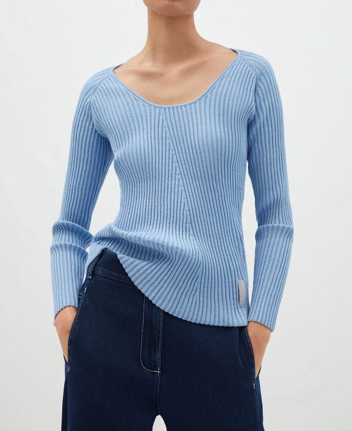 Women Jersey | Light Blue Ribbed Round Neck Sweater by Spanish designer Adolfo Dominguez