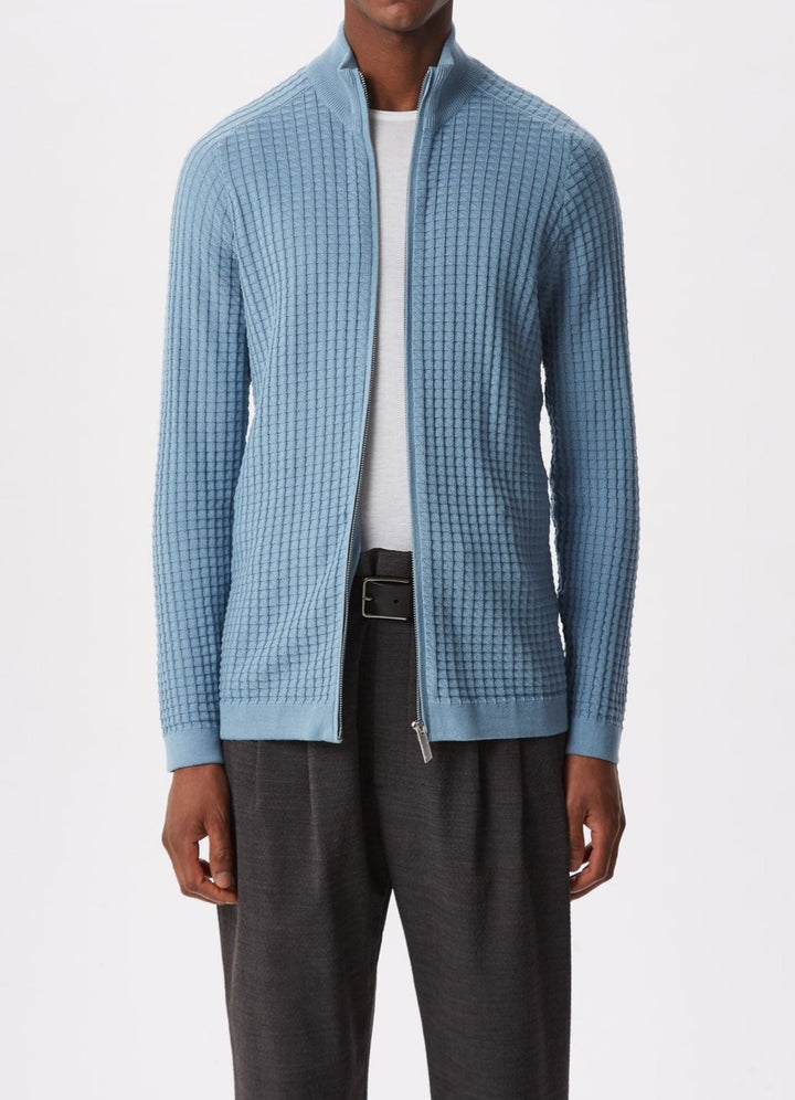 Men Knit Jacket | Light Blue Textured Cotton Cardigan by Spanish designer Adolfo Dominguez