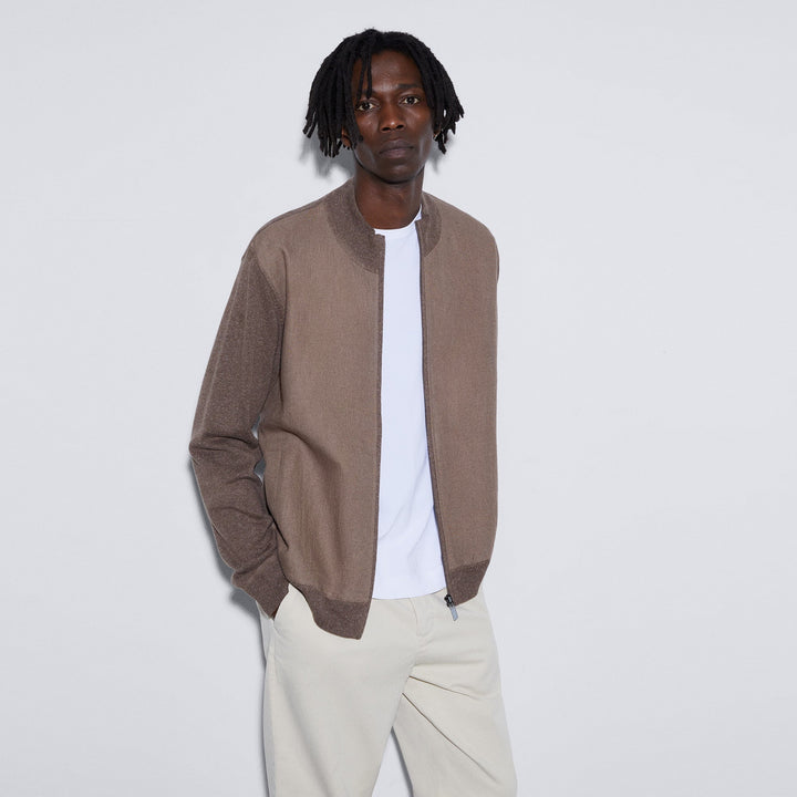 Men Knit Jacket | Light Brown Knitted Jacket In Linen And Cotton by Spanish designer Adolfo Dominguez