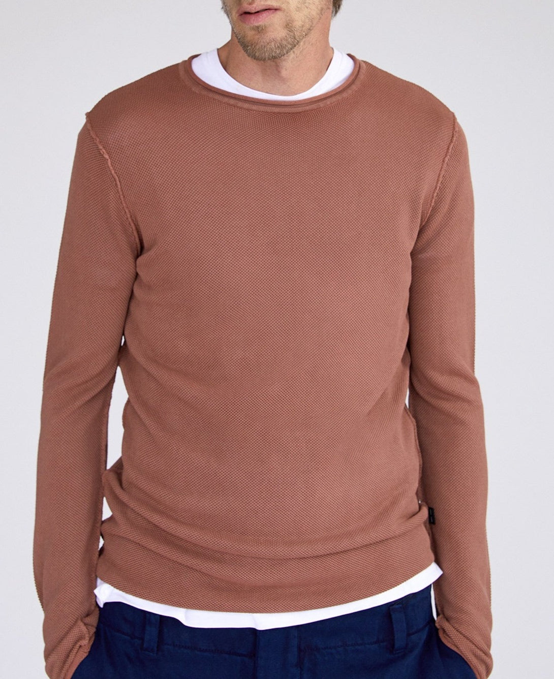Men Long-Sleeve T-Shirt | Light Brown Viscose And Cotton Knitted T-Shirt by Spanish designer Adolfo Dominguez