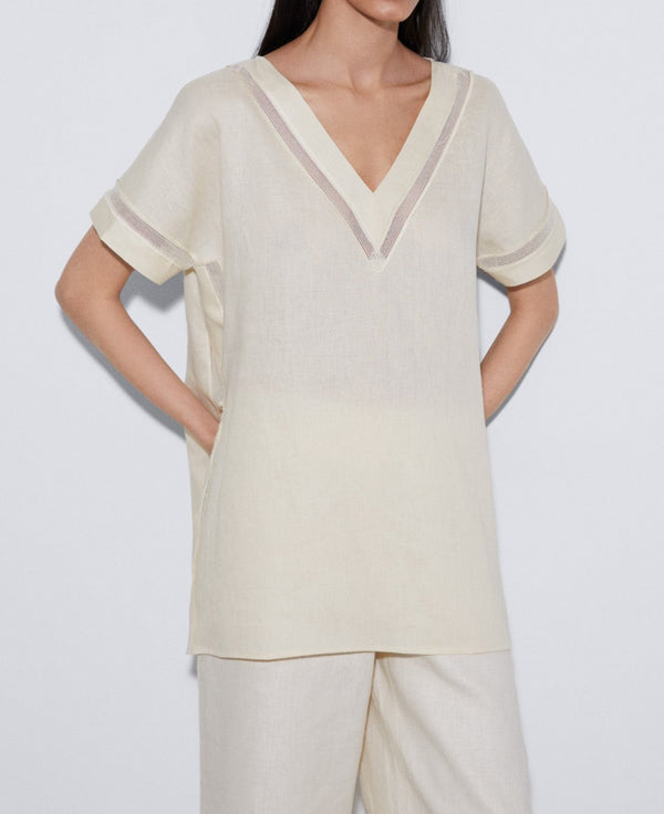 Women Short Sleeved Shirt | Light Cream Responsible Linen Tasseled Shirt by Spanish designer Adolfo Dominguez