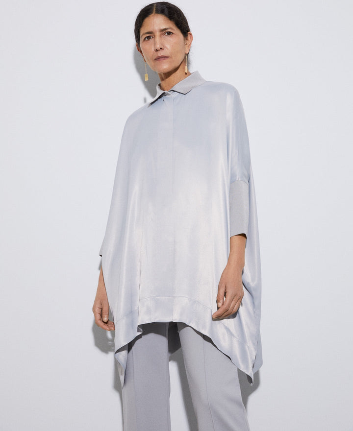 Women Short Sleeved Shirt | Light Grey Fluid Viscose Blouse by Spanish designer Adolfo Dominguez