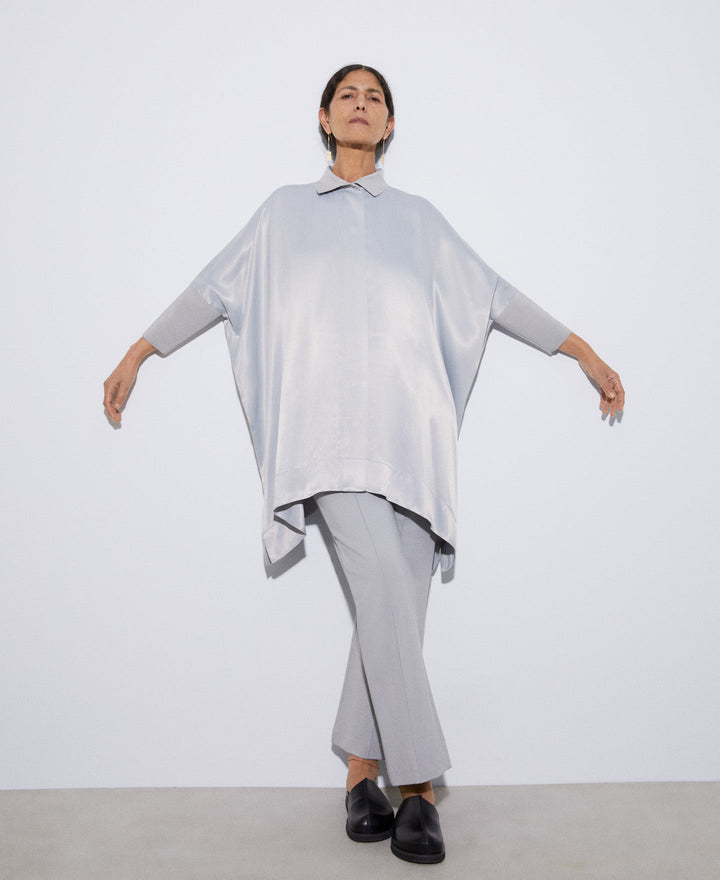 Women Short Sleeved Shirt | Light Grey Fluid Viscose Blouse by Spanish designer Adolfo Dominguez