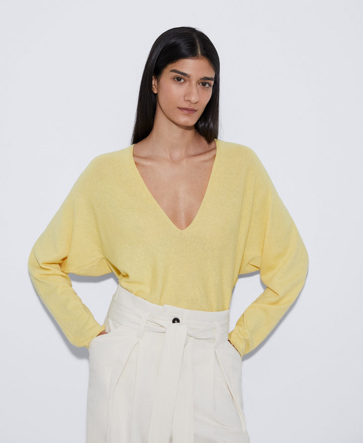 Women Jersey | Light Yellow Organic Cotton And Linen Sweater by Spanish designer Adolfo Dominguez