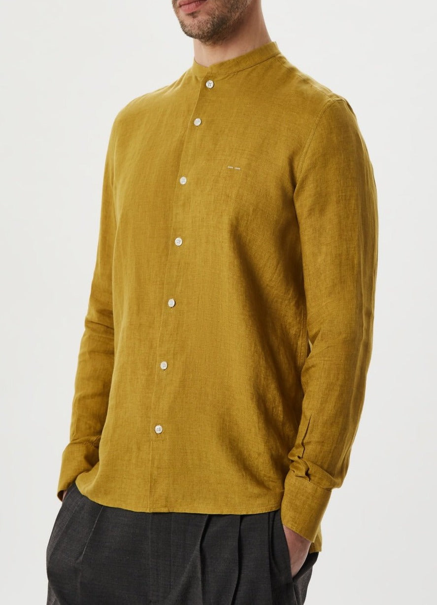 Men Shirt | Lime Linen Shirt With Mandarin Collar by Spanish designer Adolfo Dominguez