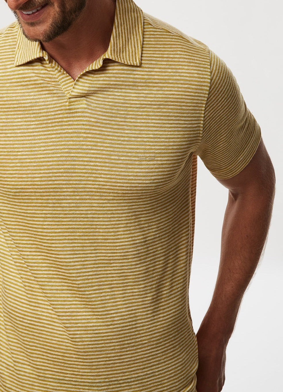 Men Polo | Lime Striped Linen Polo Shirt by Spanish designer Adolfo Dominguez