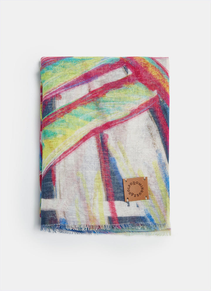 Women Shawl | Multicolor Linen Scarf With Feather Print by Spanish designer Adolfo Dominguez