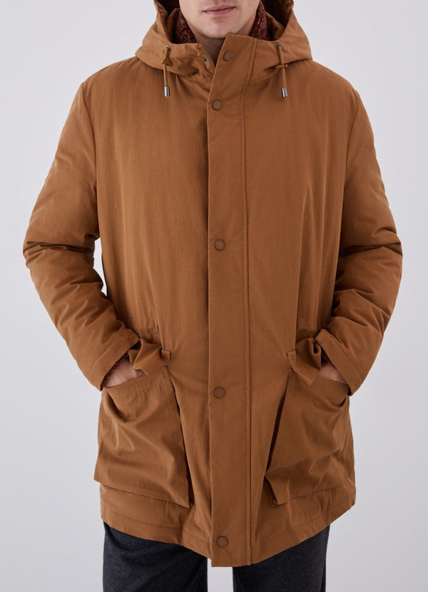 Men Long Jacket | Mustard Cotton Padded Parka With Hood by Spanish designer Adolfo Dominguez