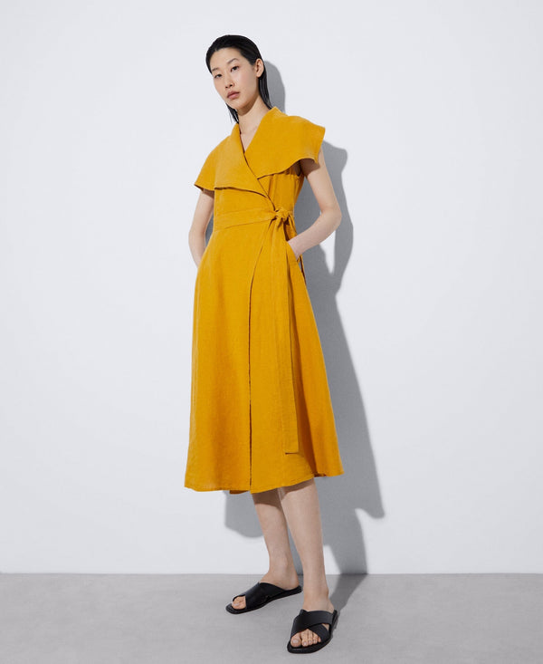 Women Dress | Mustard European Linen Midi Dress by Spanish designer Adolfo Dominguez